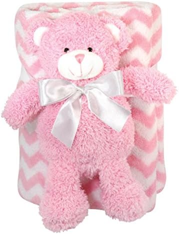 Stephan Baby Super-Soft Coral Fleece Blanket and Floppy Bear Gift Set, Pink Chevron, 11"