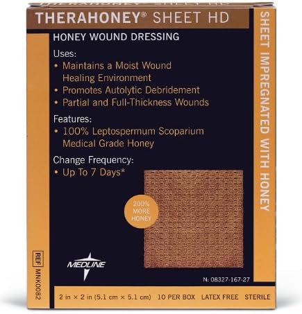 TheraHoney Sheet HD 2" x 2" (Box of 10) Gauze Honey Wound Dressing, Medline # MNK0082