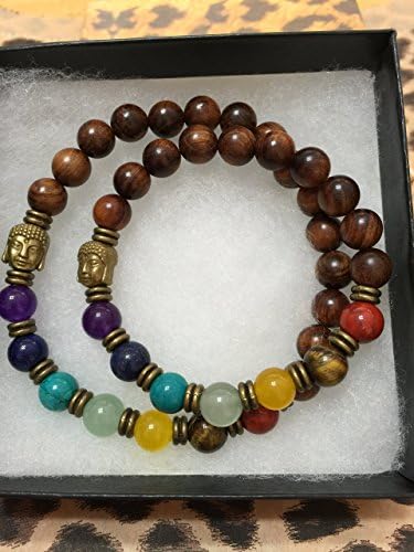His and Hers matching 7 Gemstone Chakra Bracelets with Bronze Buddha bead and bronze spacers with rosewood wrist band