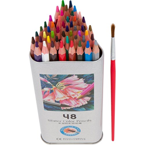 Artist Grade Watercolor Pencils, Set of 48 Vibrant Colors | Great for Reducing Stress l Recycled Wood Casings & Soft Cores In Sturdy Triangular Tin with Bonus Brush | Ideal for Coloring Books