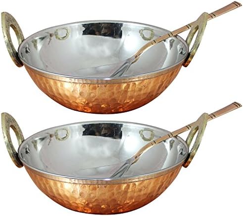 Set of 2 - YourEshop Copper Stainless Steel Hammered Serving Vegetable Bowl with Spoon -Dia 6.5 Inches