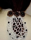 Hand Crocheted White Rayon Cotton Gimp Small Dress Snood Trimmed with Black Beads Mounted on French Barrette with Three Antique Gold with Large Onyx Pearl Buttons