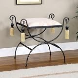 Upholstered Vanity Bench with Tasseled Corners in Black and Pewter Finish