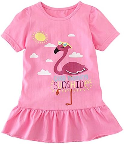 Little Girls Cartoon Bird Printed Cotton Short Sleeve Summer Holiday Pink 6T Dress
