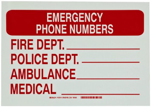 Brady 80214 10" Height, 14" Width, B-324 Polyester, Red On Green Color Glow-in-the-Dark Exit And Directional Sign, Legend "Emergency Phone Numbers Fire Dept Police Dept Ambulance Medical"