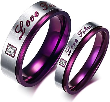 Fashion Men's Women's 316 L Stainless Steel "Love Token" Engraved Rhinestones Couple Rings Wedding Bands, Silver and Purple (WOMENS-11)