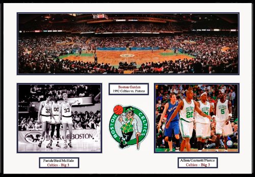Option #1: 20"x28" Collage Double Matted with Protective Sleeve - Boston Celtics at Boston Garden Stadium - 1992 Celtics vs. Detroit Pistons Kevin McHale #32, Robert Parish #00 and Larry Bird #33 Ray Allen #20, Kevin Garnett #5, Paul Pierce #34 (Embroidered Licensed Patch Emblem) - 20"x28" Unframed Collage
