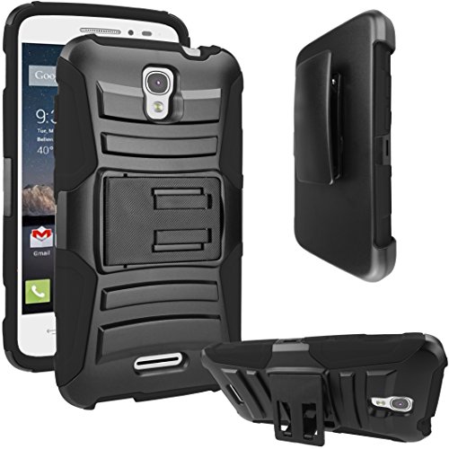 Alcatel OneTouch Pop Astro Case, ATUSÂ® Armor Series - Heavy Duty Dual Layer Holster Case Kick Stand with Locking Belt Swivel Clip For Alcatel OneTouch Pop Astro 5042T + Ultra-sensitive Stylus Pen (BLACK/BLACK)