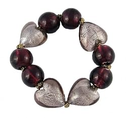 Bracelet - B55 - Murano Glass Style - Hearts - Stretch ~ Purple