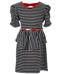 Girls Striped Print Polyester/Rayon/Spandex Peplum Belted  Dress