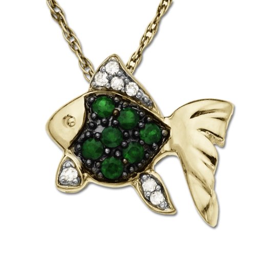 14k Yellow Gold Emerald and Diamond Fish Pendant, 18