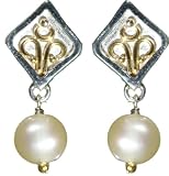 22k Gold Overlay Sterling Silver Freshwater Cultured Pearl Drop Earrings by Michou