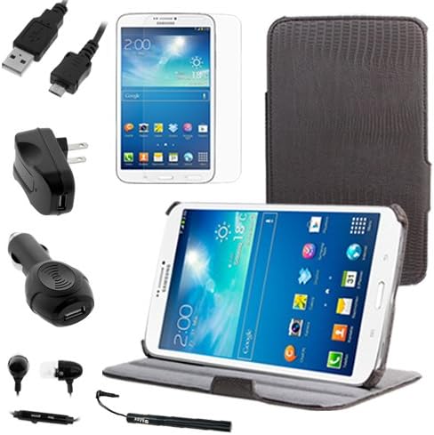 BIRUGEAR Black Multi-Angle Stand Folio Case & Screen Protector, Charger for Samsung Galaxy Tab 3 8.0 - 8'' Tablet (SM-T3100 / SM-T3110, Wifi / 3G, 4G LTE) -- with Auto Sleep/Wake Function