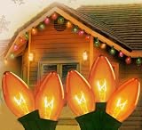 Set Of 25 Transparent Amber C9 Christmas Lights Green Wire 25'