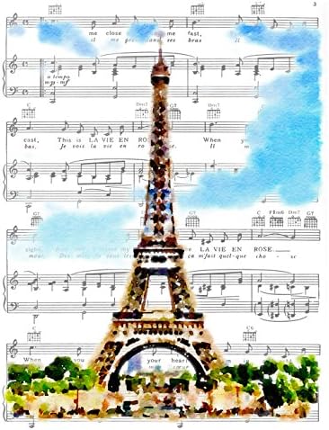 11x14 Eiffel Tower, Paris, France, Fine Art Print, Overlaid on Edith Piaf's La Vie En Rose Sheet Music Artwork. Poster Print. Size 11x14 Inches (TFHEiffel1114)