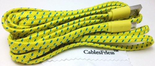 CablesFrLess (TM) 10ft Braided Tangle Free Flat High Quality Super Durable Micro B USB Charging / Data Sync Cable fits Android Phones and Tablets Samsung Galaxy S4 S3 Reverb Note Google Nexus HTC One Kindle Fire HD Touch Nokia Lumia Acer LG G2 Optimus Pantech Blackberry Motorola Moto X Sony Ericsson ZTE etc (Yellow)