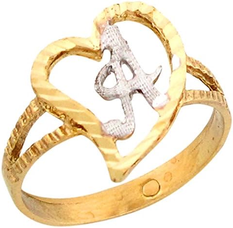 14k Two Tone Gold Fancy Cursive Letter A Unique Heart Initial Ring