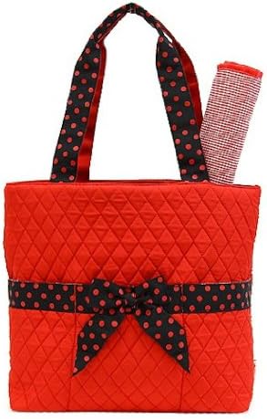 Belvah Quilted Solid 2pc Diaper Tote Bag with Polka Dot Front Ribbon (Red/Black)