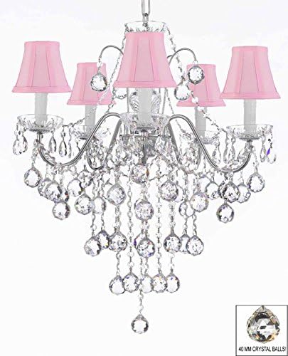 Hamilton Home Daniele Collection Chrome Finish Crystal Chandelier Lighting Chandliers with Crystal Balls and Pink Shades - Good for Dining Room, Foyer, Entryway
