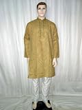 Bollywood Style Mens Clothing Spicy Mustard Plaid Print Neck Line Embroiderey Cotton Kurta Pajama L Chest 46 Inch