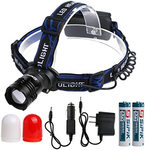 Sipik Waterproof LED Headlamp with Zoomable 3 modes &amp;Super Bright LED Headlamp with Rechargeable batteries for biking camping hunting running rainy weather (black)