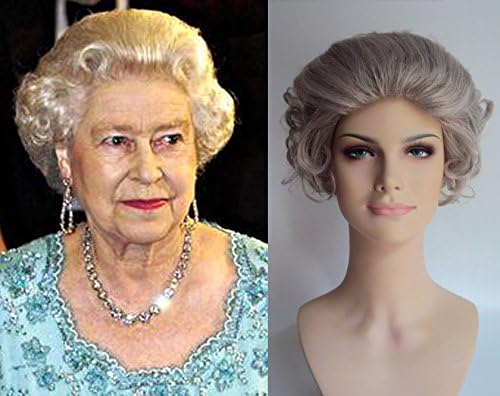 Deluxe Gray Curly Queen Elizabeth Royal Old Lady Granny Wig