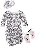 Vitamins Baby Girl Newborn Damask Print Three-Piece Gown Set, White, One Size