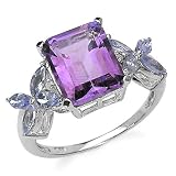 4.00 Carat Genuine Amethyst, Tanzanite and Diamond Sterling Silver Ring