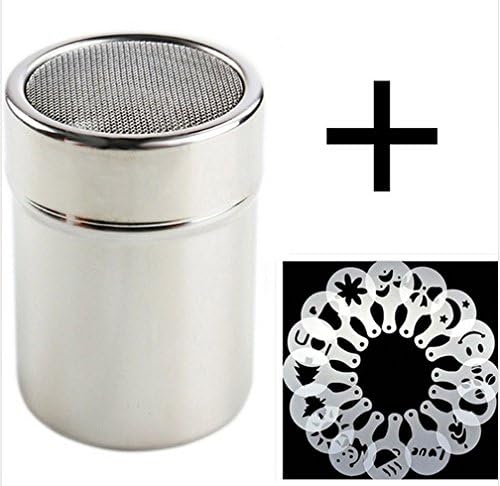 Best Seller !! FoodyMine Stainless Steel Chocolate Shaker Cocoa Flour Coffee Sifter + 16Pcs Coffee Stencils Template Strew Pad Duster Spray