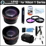 Lens Bundle Kit For Nikon 1 J1, Nikon 1 V1 Mirrorless Digital Camera(That Use 10-30mm, 30-110mm, 10mm Lenses) Includes HD 0.43x Wide Angle Lens w/ Macro Lens + HD 2x Telephoto Lens + 3pc Filter Kit (UV-CPL-FLD) + Deluxe Rugged Case + 57 Tripod + More