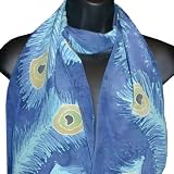 ArtisanStreet's Peacock Feathers Hand Painted Silk Scarf. Feather Design on Shades of Blue. One of a Kind, Signed by Artisan