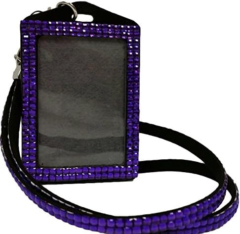 USA ACCESSORIES Purple Rhinestone Crystal Bling PU Leather Faux Leather ID Badge Card Case Lanyard Necklace