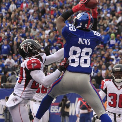 New York Giant and Atlanta Falcon: Hakeem Nicks, Dominique Franks and James Sanders Photographic Poster Print by Peter Morgan, 24x24