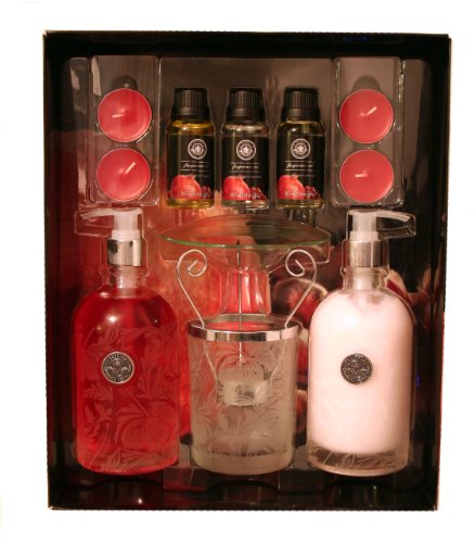 Lotion & Soap Dispenser Plus Aroma Oil Burner w/ 3 Oils & 4 Candles Essenza Pomegranate Collection
