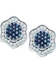 10KT White Gold 0.75 CTW Blue Diamond Flower Earrings