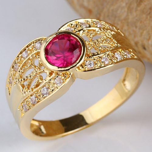 Sterling Silver Yellow Gold Plated Round-Shape Created Red Ruby Ring Mother Gift Size 8