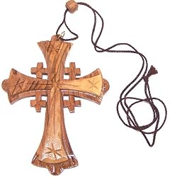 Large Grade A olive wood Jerusalem Cross necklace (4 inches - Cord can be adjusted).