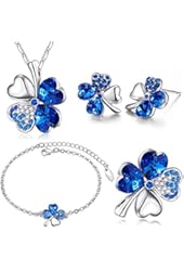 Mondaynoon Valentine's Day Gift "Lucky Four Leaf Clover&iexcl;" Women's Crystal Jewelry Set, Australia Import Necklace, Bracelets, Earrings and Brooch Ensemble