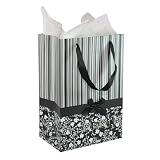 White Black Gray Stripes and Simple Flowers Pattern with Satin Bowtie & Handle Gift Bags with Tissue Paper - Black (12 Pack)