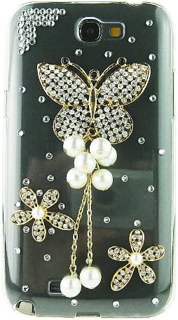 FiMeney Luxury Pearl Crystal Diamond Rhinestones Butterfly Flower Transparent Back Hard Case Cover Shell for Samsung Galaxy Note II Note 2 N7100