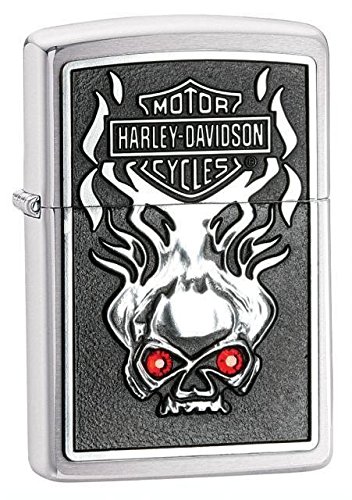 Zippo Lighter 28267 Harley Davidson Skull Red Crystal Brushed Chrome NEW