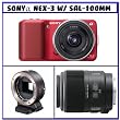 Sony Alpha NEX-3 Compact Interchangeable Lens Digital Camera w/16mm Lens (Red) + NEX Camera Mount Adapter + SAL-100M28 100mm f/2.8 AF Macro Autofocus Lens (SAL100M28)