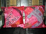 2 Pink Tribal Embroidered Sari Toss Pillow Cushion Covers