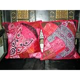 2 Pink Tribal Embroidered Sari Toss Pillow Cushion Covers