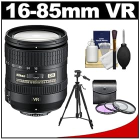 Nikon 16-85mm f/3.5-5.6 G VR DX AF-S ED Zoom-Nikkor Lens with 3 UV/FLD/CPL Filters + Tripod + Cleaning Kit for D3100, D3200, D5100, D7000, D300s Digital SLR Cameras