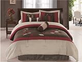 7 Pieces New Beige Brown Burgundy Applique Floral Comforter Bed-in-a-bag Set for Queen Bed