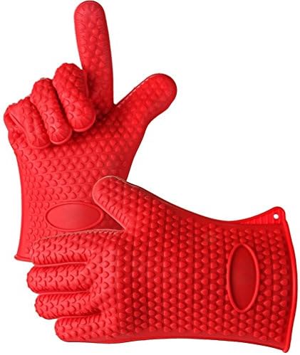 Leewin Silicone BBQ Gloves Heat Resistant Cooking Gloves Slip Grip Oven Mitts Waterproof Five-Fingered Grill Smoking &amp; Potholder Gloves