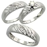 14k White Gold Trio 3-Piece His (6mm) & Hers (5mm; 5mm) Wedding Band Set, w/ 0.26 Carat Brilliant Cut Diamonds; (Mens Size 9 to 12; Ladies Size 6 to 8)