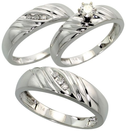 14k White Gold Trio 3-Piece His (6mm) & Hers (5mm; 5mm) Wedding Band Set, w/ 0.26 Carat Brilliant Cut Diamonds; (Men's Size 9 to 12; Ladies' Size 6 to 8)