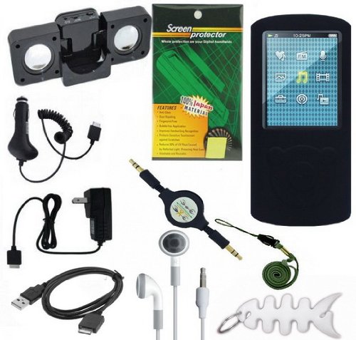 10 Pieces Premium Sony Walkman Accessories Combo Bundle Pack: Black Silicone Skin Case, USB 2in1 Data Sync Cable, Car Charger, Wall / Travel / AC Adapter Charger, Portable Foldable Speaker Dock, Lanyard, Screen Protector, 3.5mm~3.5mm Retractable Audio cab
